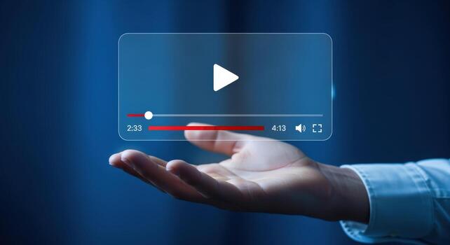 Hand Holding Transparent Media Player Interface, Digital Content Streaming and Modern Technology Concept on Blue Background photo