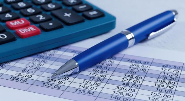 Financial Analysis Close-Up Business Calculator, Pen and Financial Data Sheet For Accounting photo