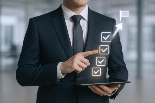 Businessman Displays Project Completion Checklist on Tablet with Positive Growth Arrow and Destination Flag photo
