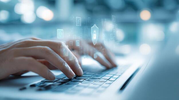 Typing on Laptop with Cybersecurity Icons Protecting Digital Data Through Technology photo