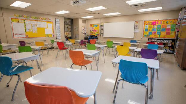 Bright Elementary School Classroom with Desks and Colorful Chairs Ready for Students to Learn photo