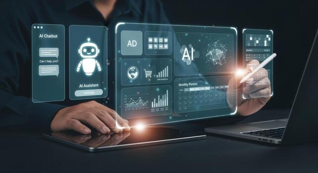 AI Driven Marketing Automation Businessman Interacting with Futuristic Interface Displaying Data Analytics and Chatbot Technologies photo