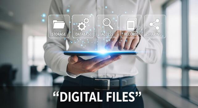 Digital Data Management Man Holding Tablet Interface for Storage, Database, Access, Records, and Sharing photo