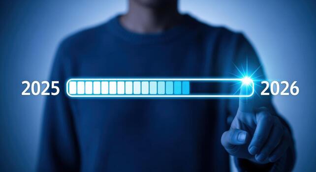 Transitioning from 2025 to 2026 Progress Bar Concept Illustrating Goal Achievement and Future Outlook with Business Technology photo
