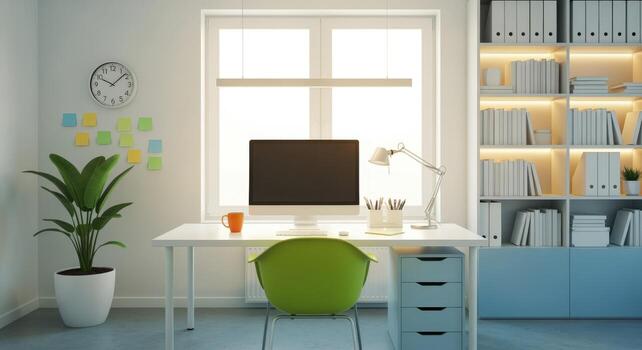 Bright Home Office Setup with Computer, Desk, Chair, and Shelving for Productive Work photo