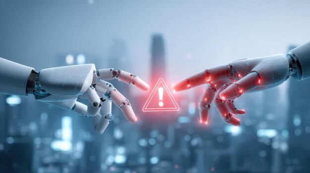 Robotic and Human Hands Approaching a Red Exclamation Mark Against a Blurred Cityscape Background photo
