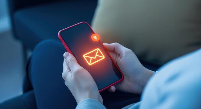 Hands Holding Smartphone Displaying New Email Notification, Promoting Communication and Digital Connectivity in the Modern Era photo
