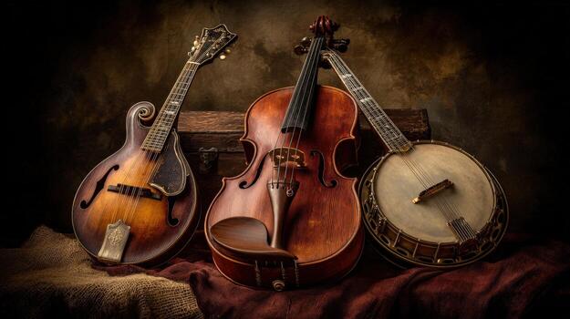 Stringed Musical Instruments Trio Mandolin, Violin, and Banjo Arranged in a Rustic Setting photo
