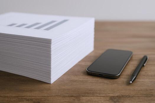 negocio grafico apilar en papel con móvil teléfono y bolígrafo en de madera escritorio superficie foto