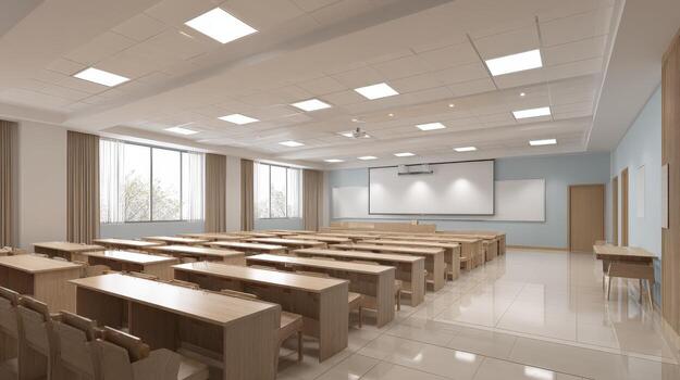 Classroom Interior Design with Empty Desks and Projector Screen, Ideal for Education or Training Concepts photo