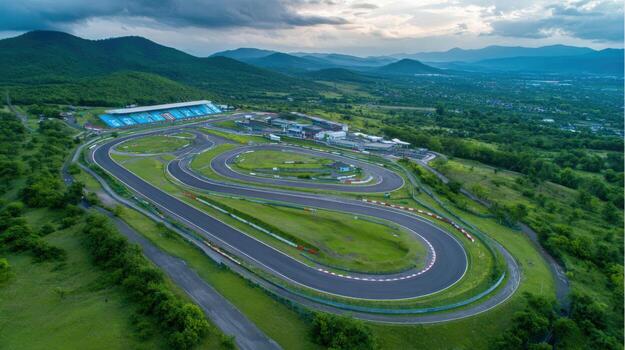 Aerial View of a Motorsport Racetrack Surrounded by Lush Greenery and Distant Mountains on a Cloudy Day photo