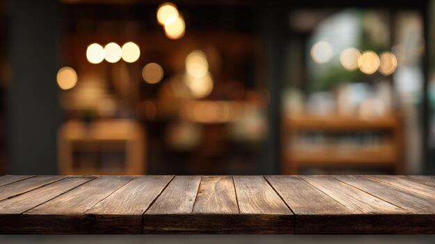 Rustic Wooden Table with Blurred Restaurant Background for Product Display and Marketing Materials photo