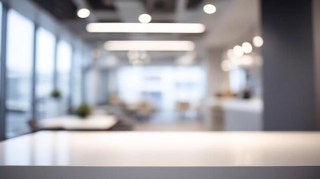Modern Office Reception Area with Blurred Background and Countertop Foreground for Mockup or Product Placement photo