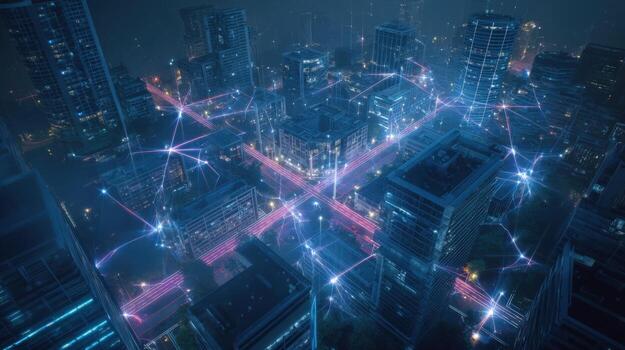 Futuristic Cityscape with Digital Network Overlay High-Tech Urban Connectivity and Modern Infrastructure photo