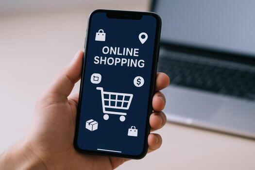 Online Shopping App Interface Displayed on Mobile Phone Held by Hand with Laptop Background photo