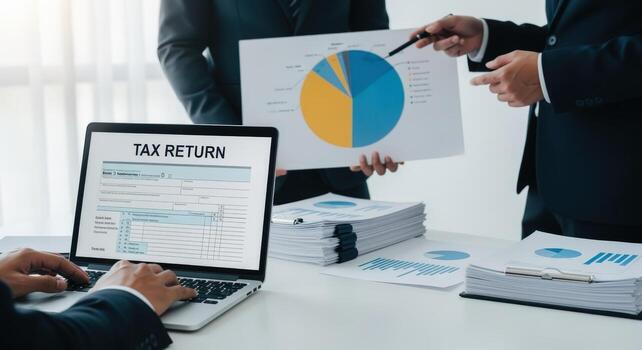 negocio equipo analizando impuesto regreso datos en ordenador portátil con tarta gráfico presentación para financiero planificación foto