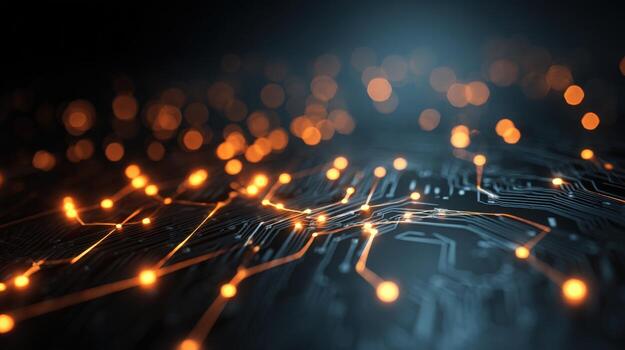 Abstract Circuit Board with Glowing Connections Technology and Data Flow Visualized for Modern Solutions photo