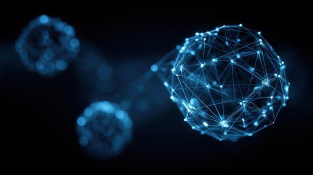 Abstract interconnected network nodes floating in dark blue space, symbolizing global connectivity and digital communication photo