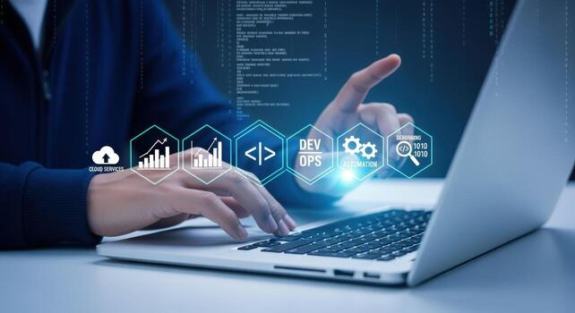 software desarrollador codificación en ordenador portátil demostración virtual diagramas concepto de digital transformación y datos administración foto