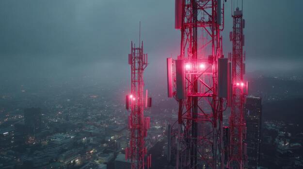 Telecommunication Towers at Night with Warning Lights, Signaling Broadcast Technology and Network Coverage photo