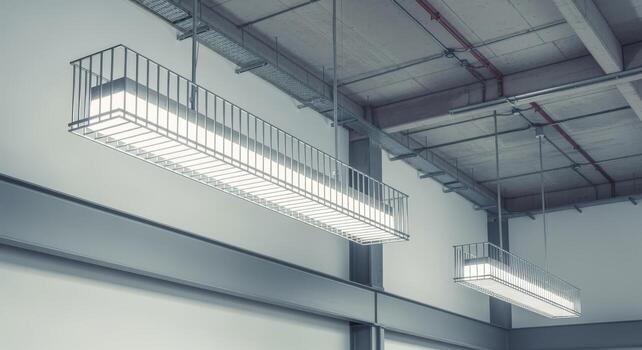 Industrial Fluorescent Lighting Fixtures Hanging from Ceiling in Warehouse or Factory Setting, Modern Illumination System photo