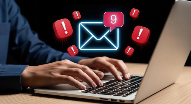 Email Overload Concept Person Typing on Laptop with Numerous Unread Messages and Notifications photo