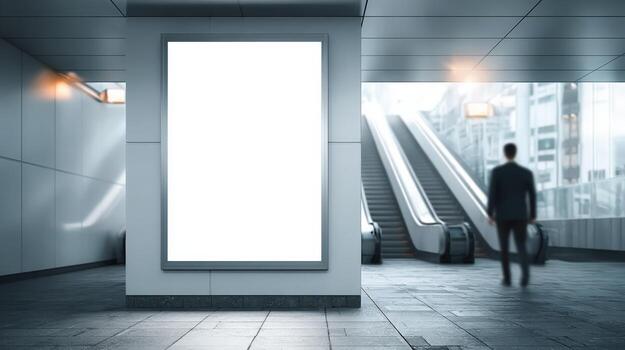 Blank Advertisement Billboard Mockup in Modern Urban Subway with Blurred Figure Approaching Escalator, Ideal for Marketing photo