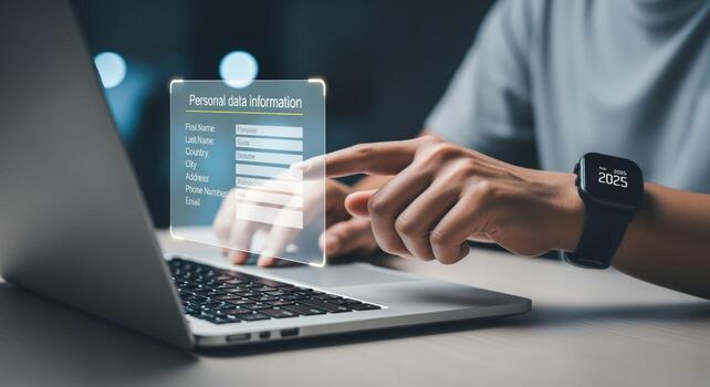 Online Personal Data Information Form on Laptop Data Protection and Privacy Technology Concept photo