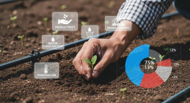 Precision Agriculture Farmer Planting Seedling with Smart Technology Overlay for Efficient Water and Resource Management photo