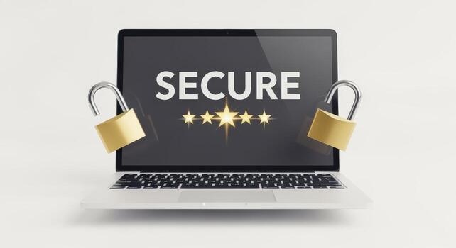 Laptop with Padlocks Security Concept for Data Protection, Cyber Security, and Online Safety with Five Stars photo
