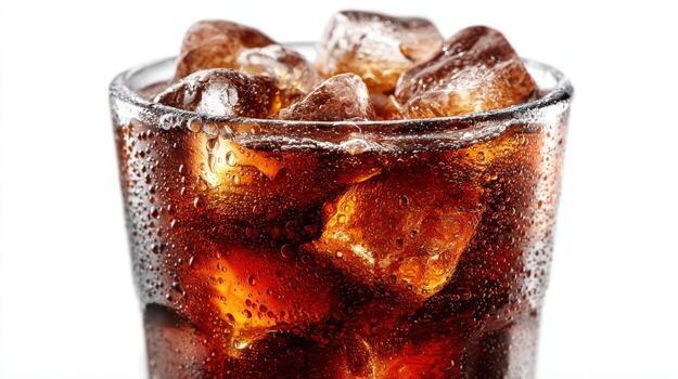 Refreshing Cola Drink with Ice Cubes in Clear Glass on White Background, Close-Up photo