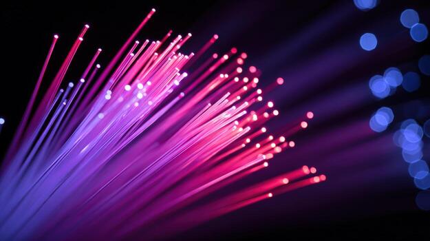 Fiber Optic Cables Radiating Light, Abstract Network Technology Background with Vibrant Color and Blurred Bokeh photo