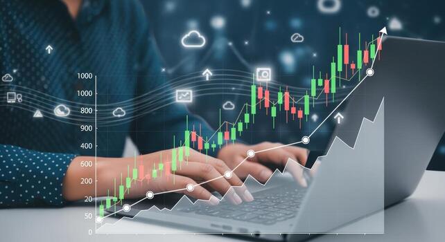 Financial Analyst Working on Stock Market Analysis Using Laptop with Graph Overlay for Business Growth photo