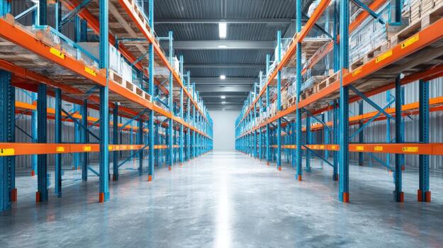 Warehouse Interior with Empty Aisles and Shelving, Ready for Storage and Distribution Operations photo