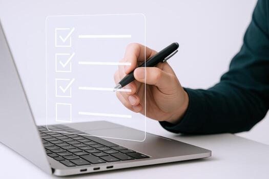 Completing Digital Checklist with Pen on Laptop Business Efficiency and Task Management Illustration photo