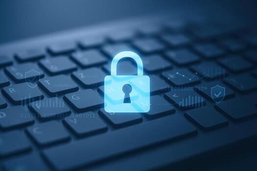 Secure Computer Keyboard with Glowing Padlock Illustrating Cyber Security and Data Protection Concepts photo