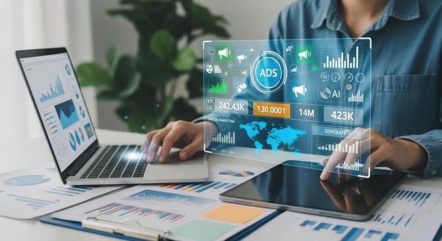 Digital Marketing Strategy Analysis with Laptop, Tablet, and Data Visualization for Business Growth photo