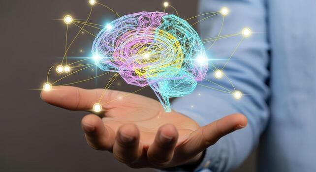 Human Hand Holding an Abstract Digital Brain Model with Neural Network Connections Concept photo