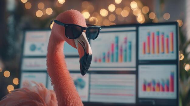 Flamingo wearing sunglasses works on computer with multiple screen displaying business data and graphs photo