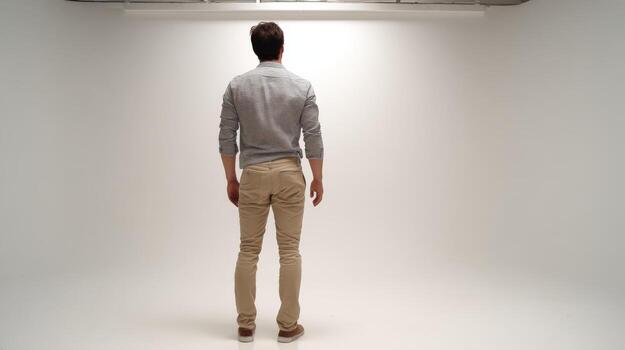 Man Stands in a Bright White Room, Back View, Looking at Light Fixture, Clean Background photo