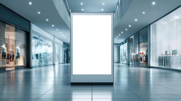 Blank Advertisement Billboard Mockup in Modern Shopping Mall, Ready for Custom Messaging and Advertising Campaigns photo