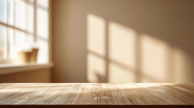 Wooden Tabletop with Window Light Overlay, Perfect for Product Display and Background Mockups photo