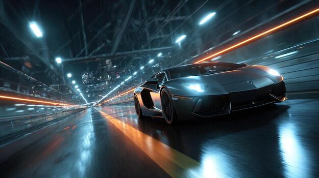 Sleek Sports Car Speeding Through an Urban Tunnel with Dynamic Lighting and Motion Blur Effect photo