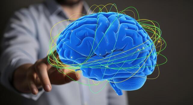 Brain Connectivity Concept Man Touches Holographic Brain Model with Neural Network Connections for Cognitive Function photo