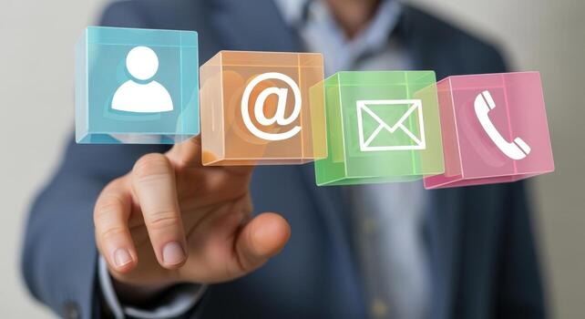 Contact Information Displayed on Transparent Cubes with a Persons Hand Activating the User Interface photo