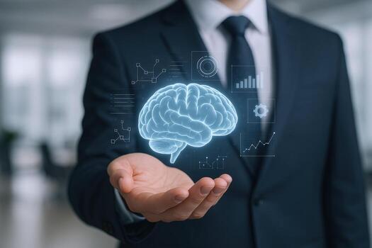 Businessman Presents Brain Hologram Artificial Intelligence, Data Analysis, and Innovative Business Technology Concept photo