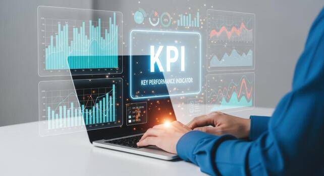 Analyzing Key Performance Indicators Man using laptop for Data Visualization and Business Analytics photo