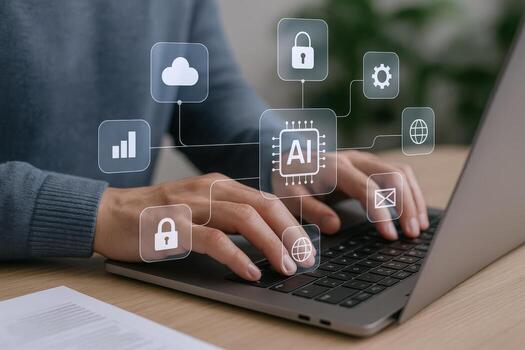 AI Integration on Laptop Hands Typing with AI Interface, Cloud, Security, and Global Connectivity photo