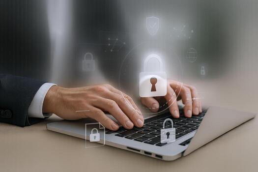 Cybersecurity Professional Working on Laptop with Security Interface, Protecting Data and Ensuring Online Safety in the Digital Age photo