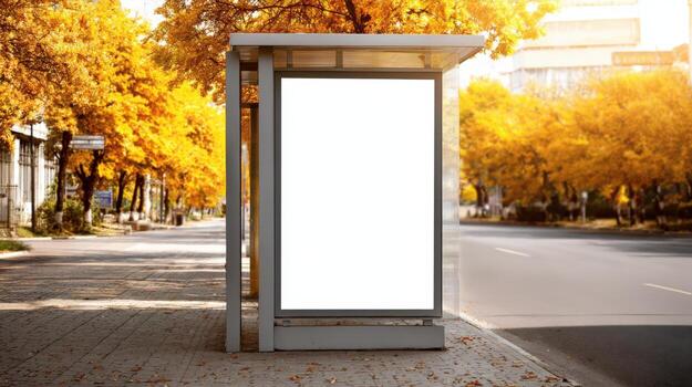 Bus Stop Advertisement Mockup in Autumn Cityscape Blank Billboard Ready for Creative Design photo